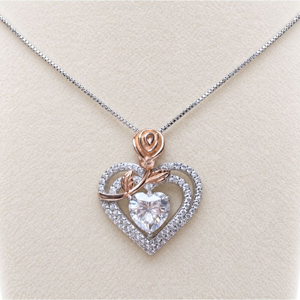 Sterling Silver 924 Moissanite Heart Necklace with Sterling Gold Plated Rose